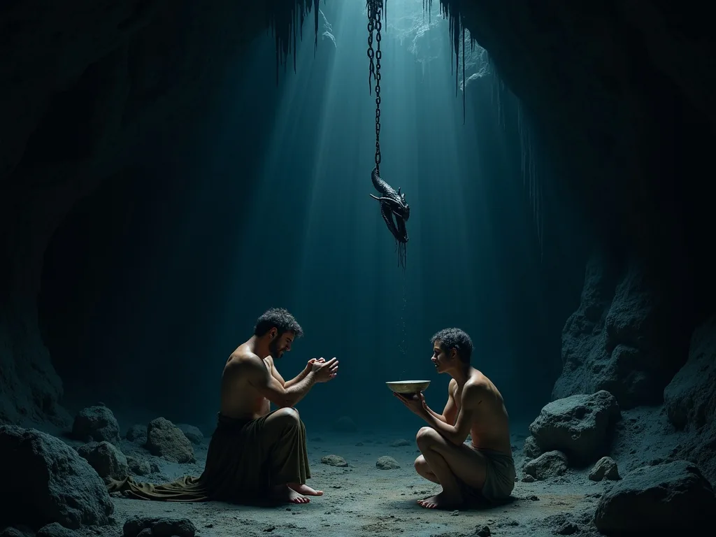 Loki bound underground with Sigyn holding a bowl to catch serpent venom