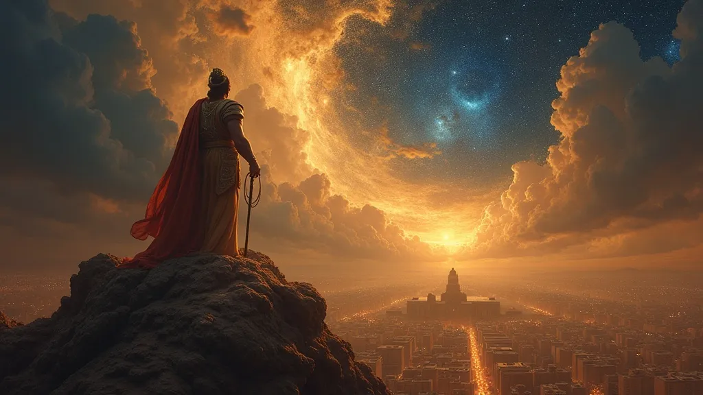 Marduk standing victorious over Tiamat with the Babylonian sky forming above him