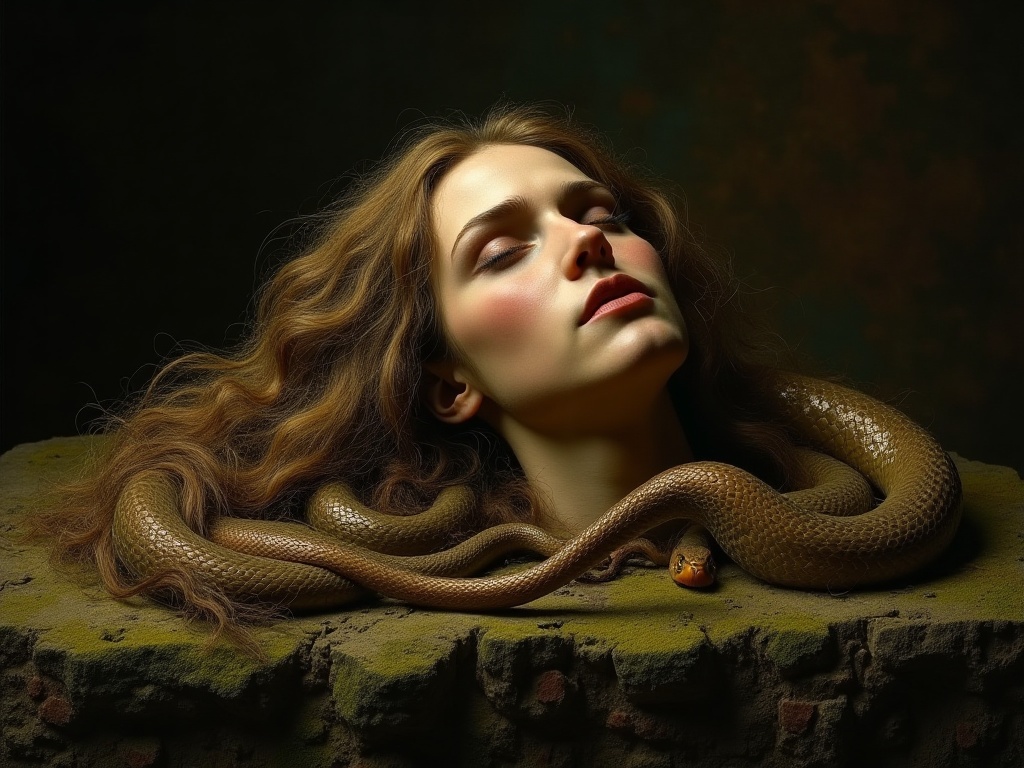 The severed head of Medusa with serpent hair and an expression of shocked serenity