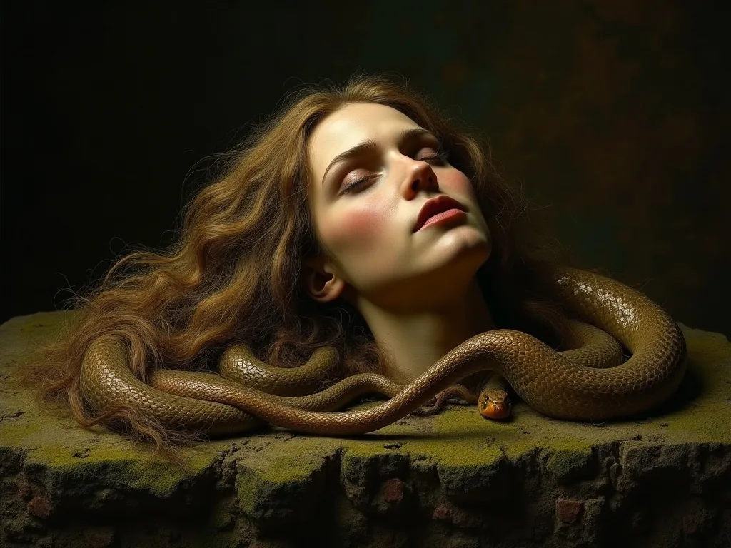 The severed head of Medusa with serpent hair and an expression of shocked serenity