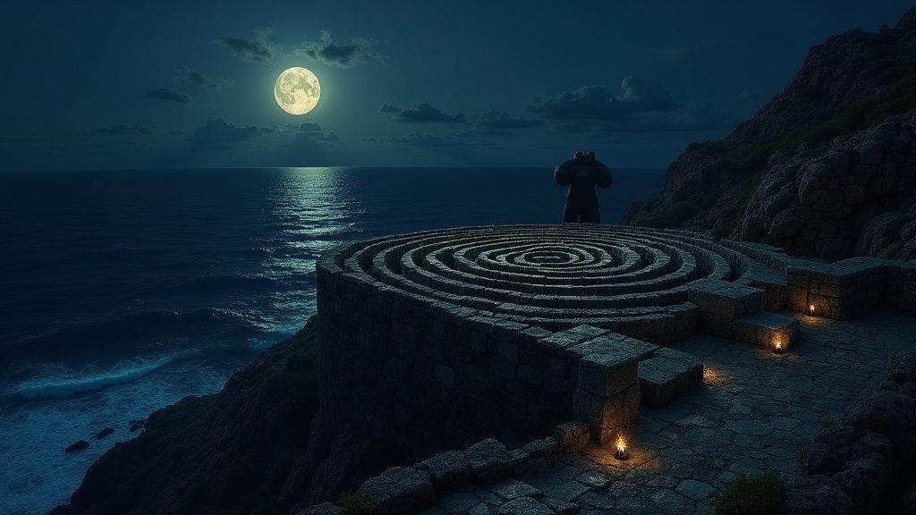 The Minotaur silhouetted at the heart of the Labyrinth beneath a Mediterranean moon