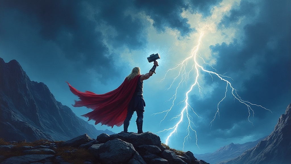 Thor raising Mjolnir against a lightning-filled Norse sky