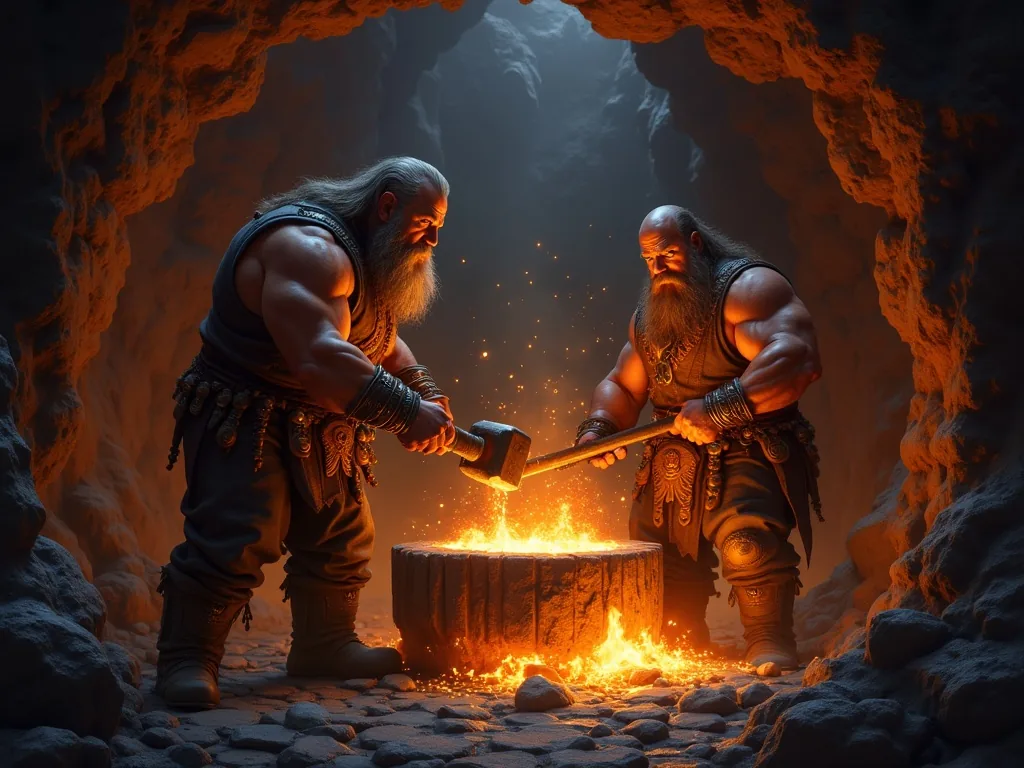 Dwarven craftsmen forging Mjolnir in Svartalfheim