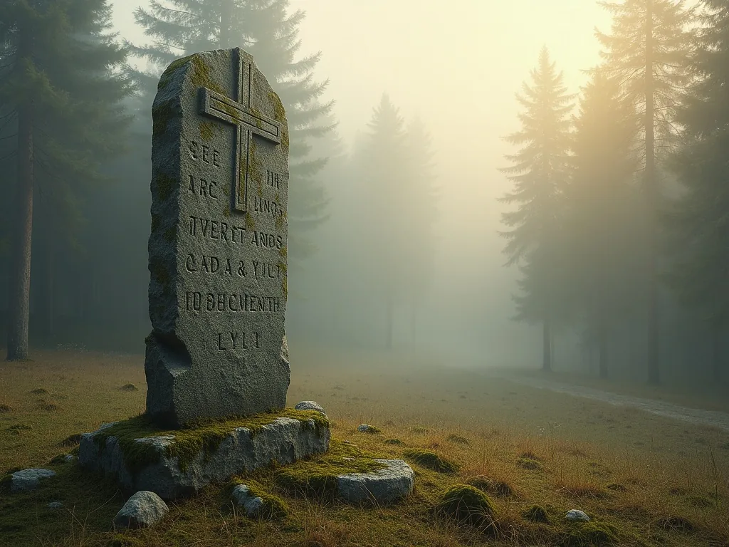 Viking runestone carved with hammer symbol in misty Nordic forest