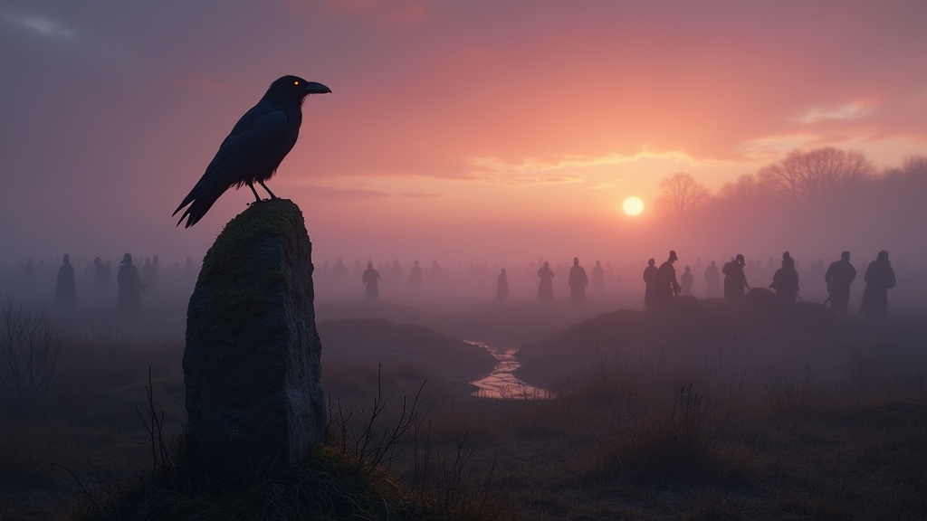 The Morrigan as a crow perched on a standing stone above an ancient Irish battlefield at twilight