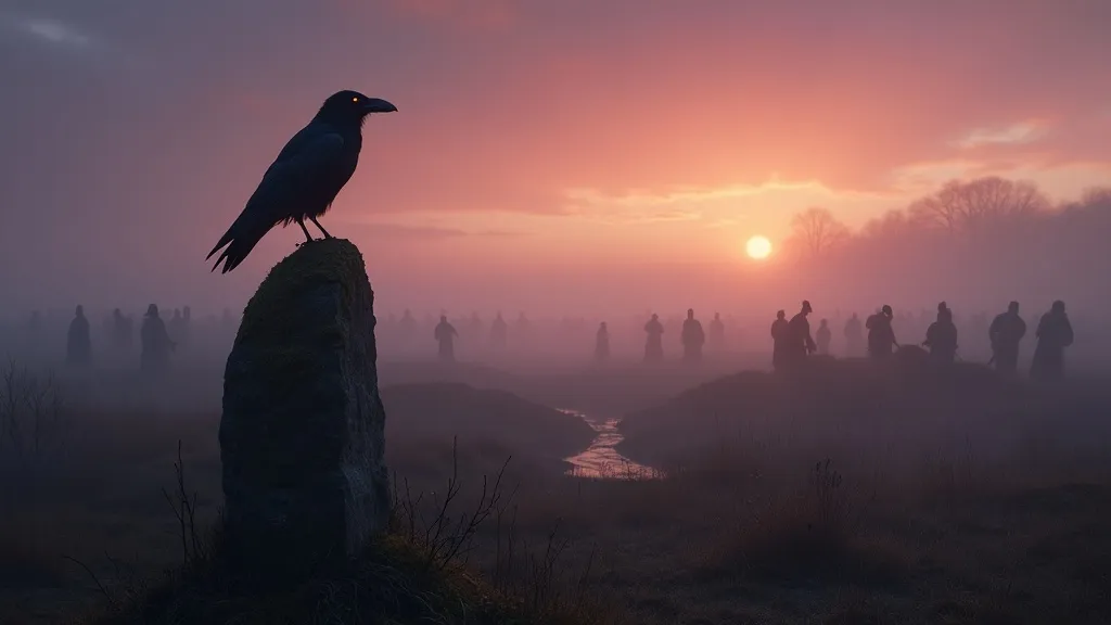 The Morrigan as a crow perched on a standing stone above an ancient Irish battlefield at twilight