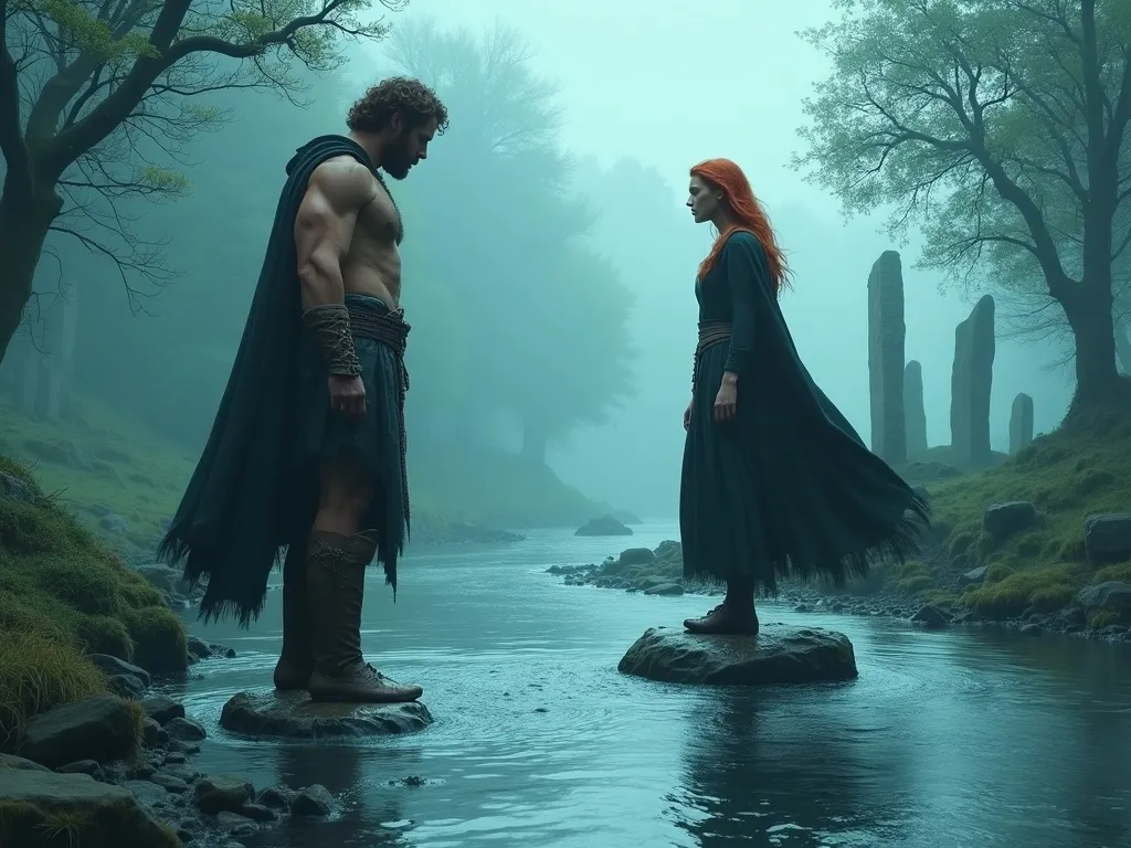 Cu Chulainn confronts the Morrigan at a river ford in ancient Ireland