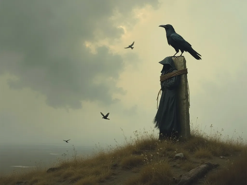 A crow perches on the standing stone to which Cu Chulainn is bound, signalling his death