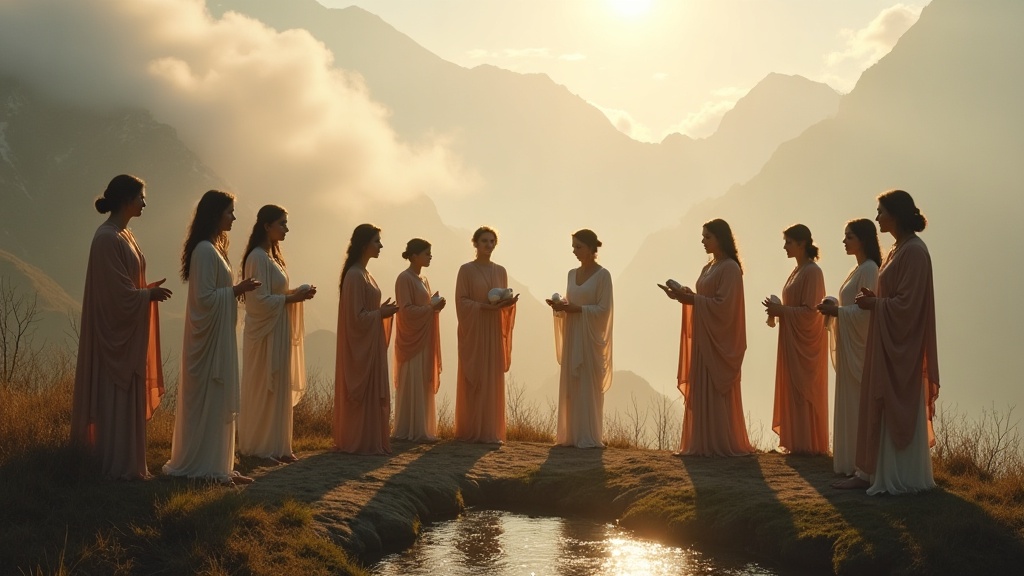 The nine Muses gathered around the spring of Hippocrene on Mount Helicon at dawn