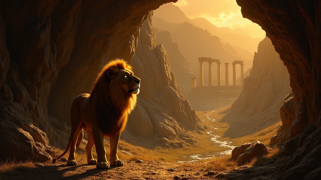 The Nemean Lion at the entrance of its cave in the hills of ancient Greece