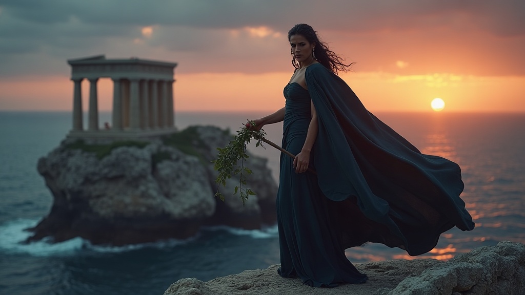Nemesis Greek goddess of retribution standing on a clifftop at dusk holding a measuring rod and apple branch