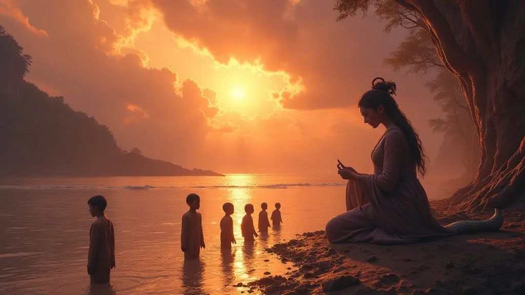 Nuwa kneeling at a primordial riverbank shaping clay human figures, her serpentine lower body coiled in the water