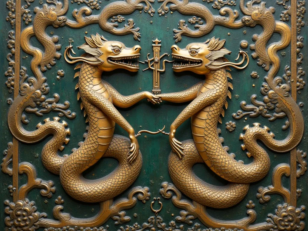 Han dynasty bronze mirror depicting Nuwa and Fuxi with intertwined serpent tails