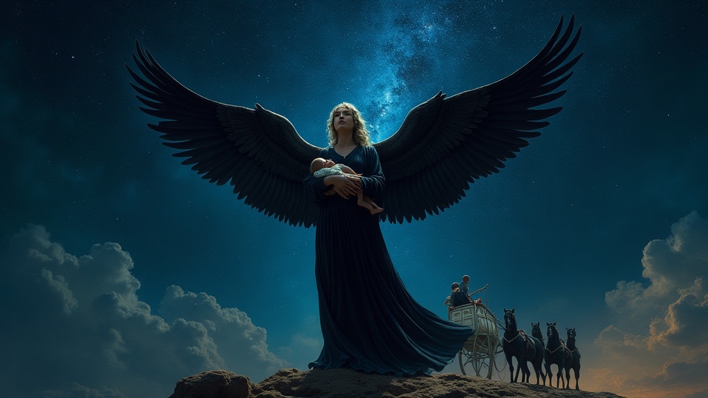 Nyx, Greek goddess of the primordial night, spreading dark wings across a starry sky