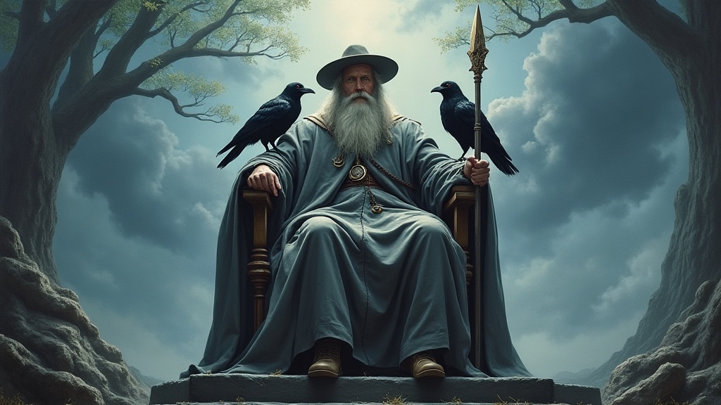 Odin on his high throne Hlidskjalf with ravens Huginn and Muninn, Yggdrasil in the background
