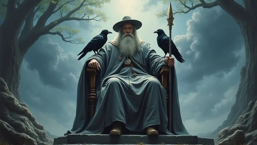 Odin on his high throne Hlidskjalf with ravens Huginn and Muninn, Yggdrasil in the background