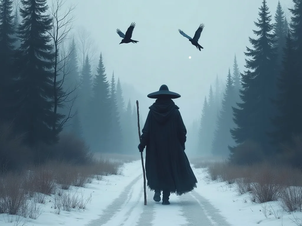 Odin disguised as a wandering traveler on a frost-covered road with ravens overhead