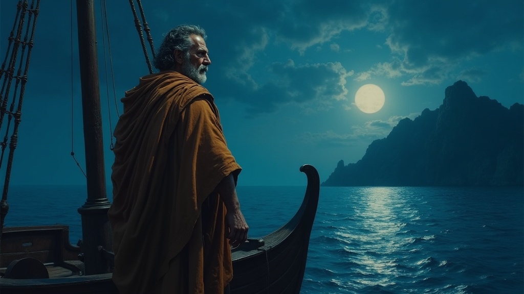 Odysseus standing at the prow of his ship on the night sea, scanning the horizon toward Ithaca