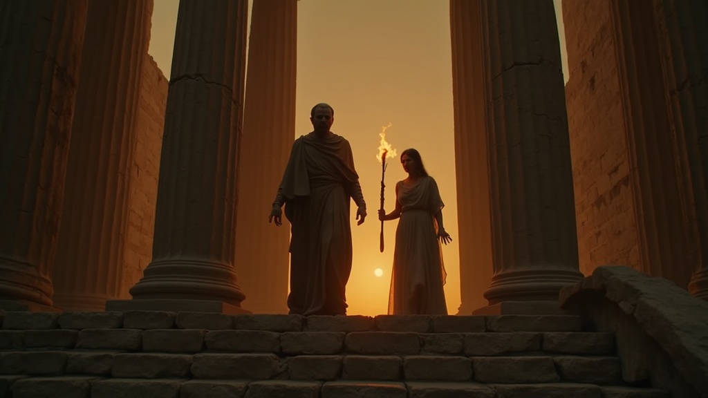 Blind Oedipus and Antigone at the steps of the Theban palace at dusk