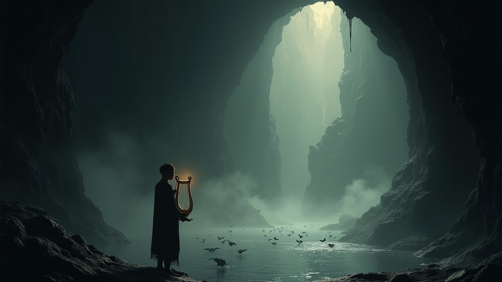 Orpheus playing his lyre at the entrance to the underworld, surrounded by the shades of the dead