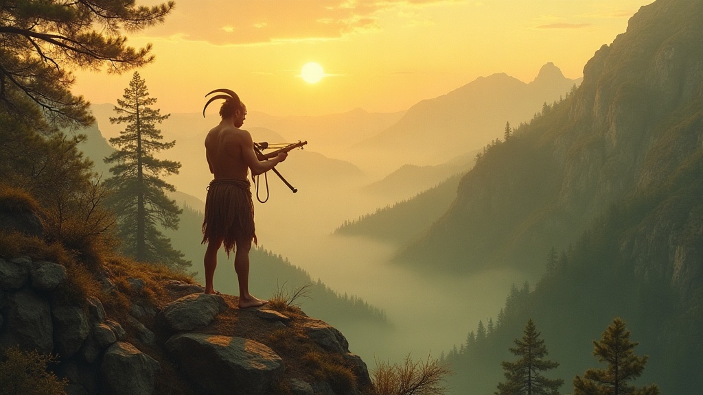 Pan the Greek god of the wild playing his syrinx on an Arcadian mountain at dusk