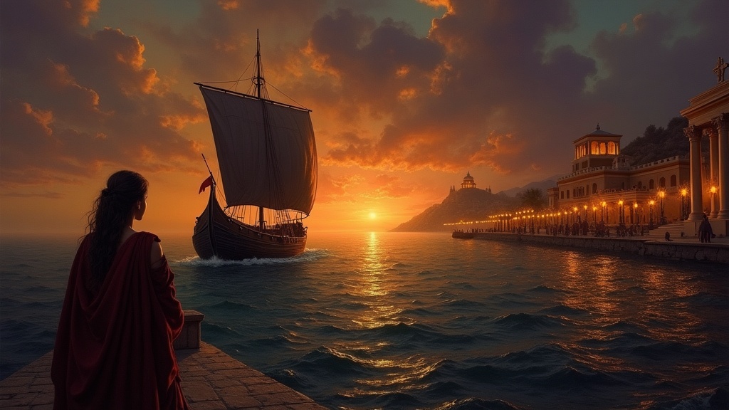 Paris and Helen of Troy departing Sparta by sea at dusk, torchlit harbor, Mycenaean warship
