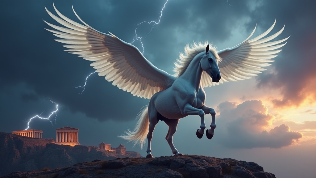 Pegasus the winged horse rearing against a stormy Greek sky with temples below