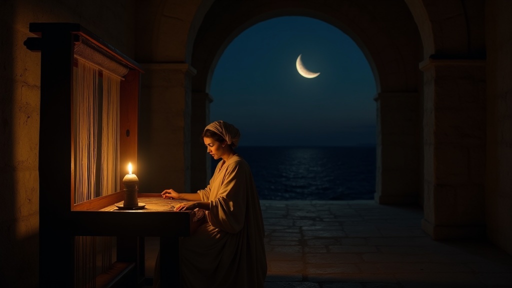 Penelope unravelling her weaving at night by lamplight in the palace at Ithaca