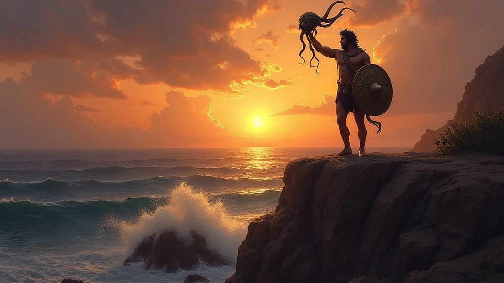 Perseus holding the severed head of Medusa on a sea cliff at dawn