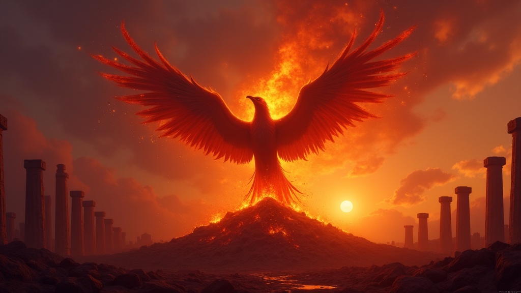 The Phoenix immortal firebird rising from fire and ash against a twilight sky