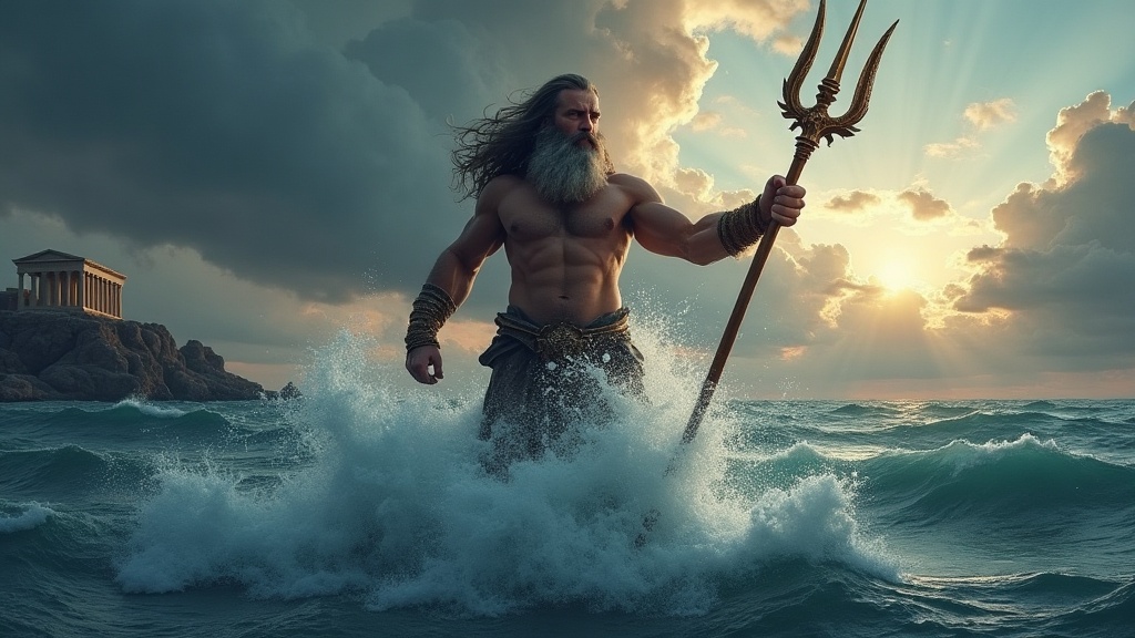 Poseidon rising from a stormy sea, trident raised, Greek temple on a cliff behind him