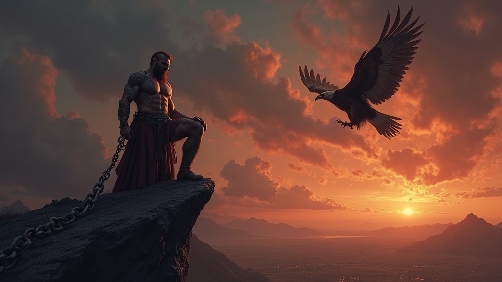 Prometheus chained to a rock as an eagle descends from storm clouds while human fires burn far below