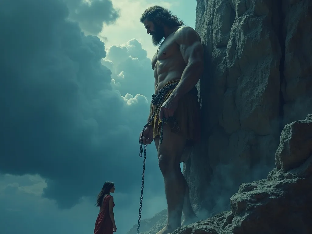 Prometheus Bound in the style of Aeschylean tragedy, defiant against the storm