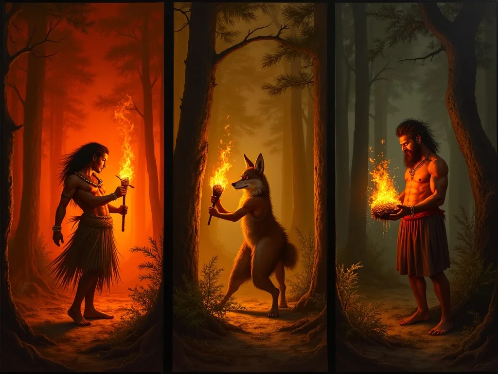 Three cultural heroes bringing fire to humanity across Polynesian, Native American, and Greek traditions