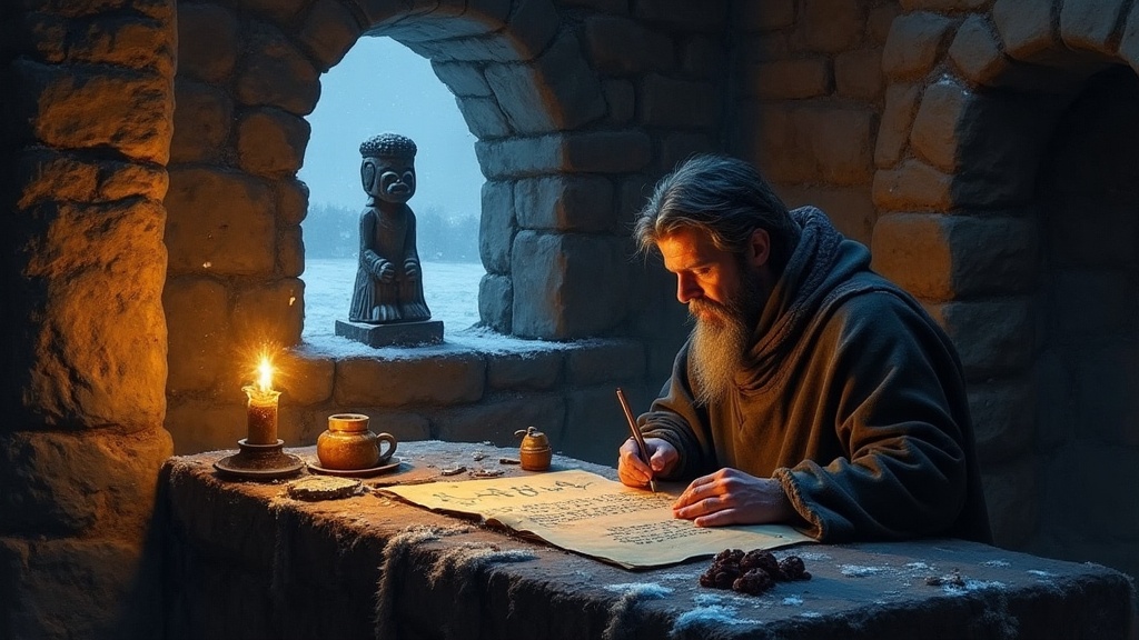 Medieval Icelandic scribe writing Norse myths by candlelight with runes glowing on vellum