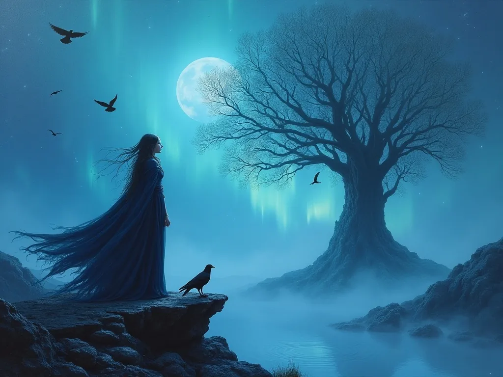 A Norse volva seeress reciting Voluspa before Odin beneath Yggdrasil