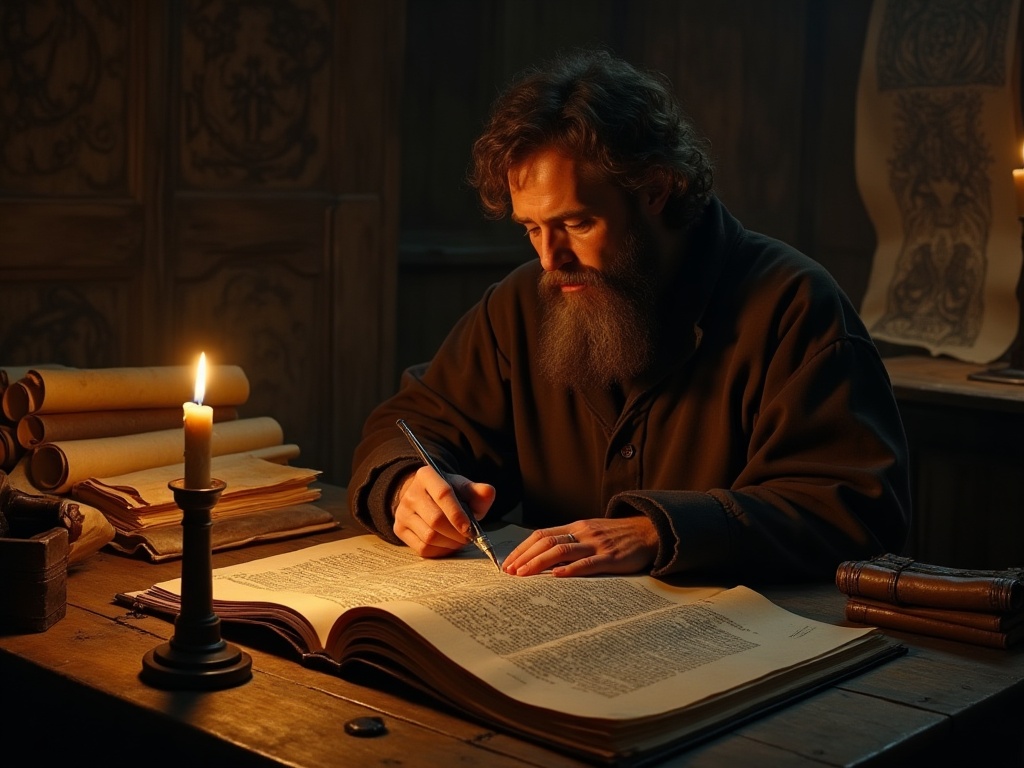 Snorri Sturluson composing the Prose Edda surrounded by Norse manuscripts