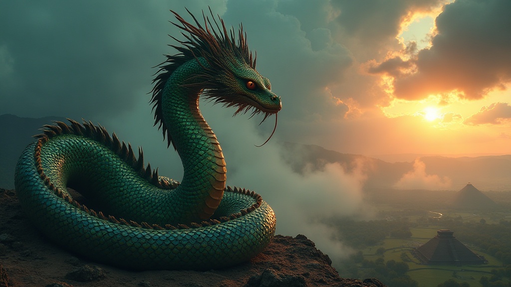 Quetzalcoatl the Feathered Serpent rising through storm clouds above Mesoamerican pyramids