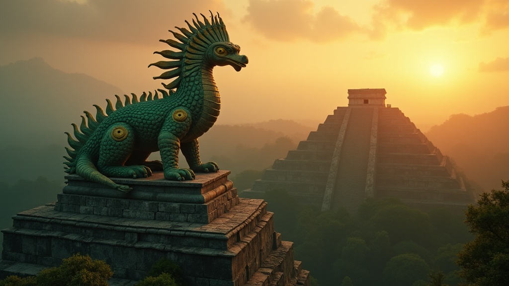 Quetzalcoatl the Feathered Serpent God rising from a Mesoamerican pyramid at dawn