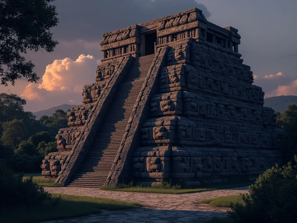 Stone carved feathered serpent heads on the facade of the Teotihuacan temple