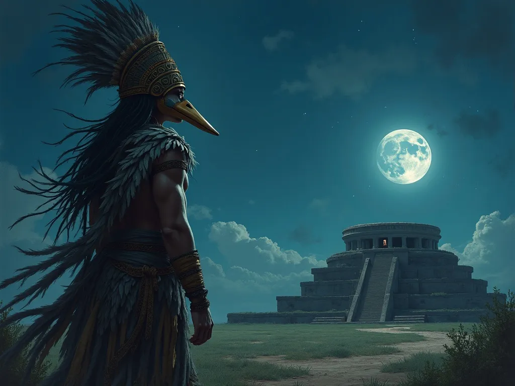 Aztec priest costumed as Ehecatl the wind aspect of Quetzalcoatl before a round temple