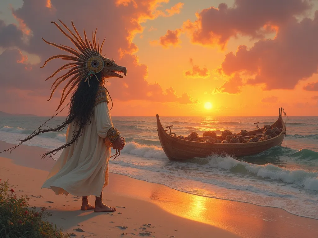 The priest-king Topiltzin Quetzalcoatl departing on a raft of serpents toward the eastern sea