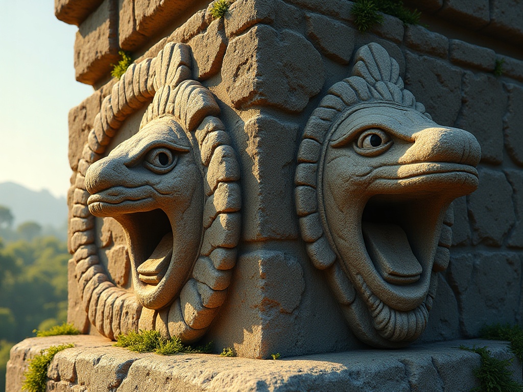 Stone feathered serpent carvings on the Temple of Quetzalcoatl at Teotihuacan
