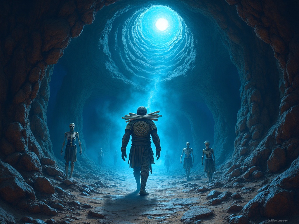 Quetzalcoatl descending into Mictlan the Aztec underworld to retrieve the bones of humanity