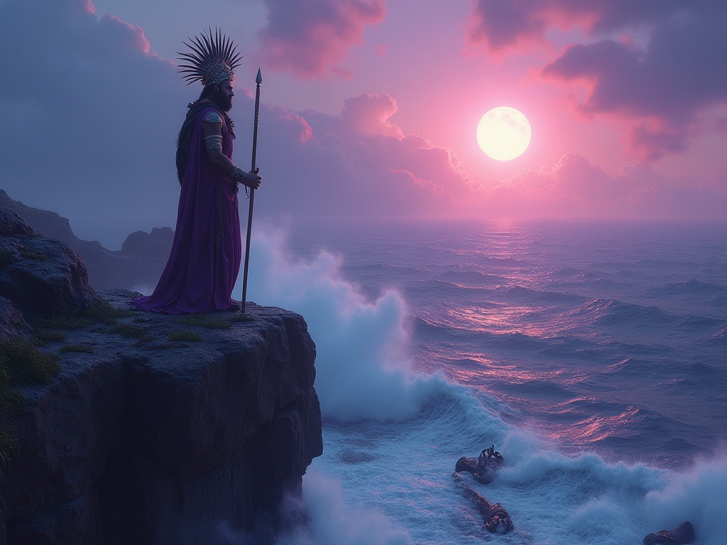 The mythic departure of Quetzalcoatl sailing east on a raft of serpents toward the morning star