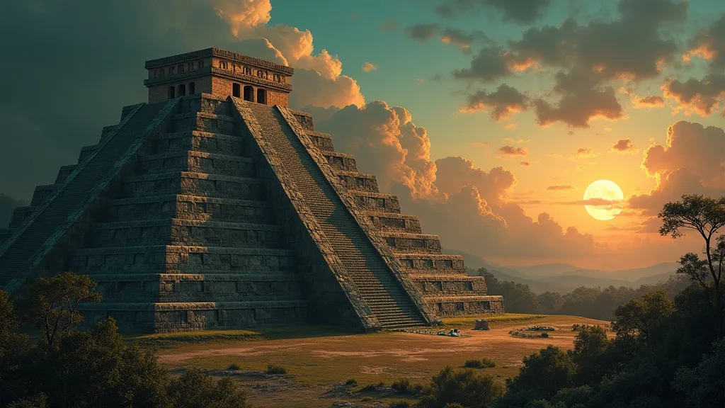 The feathered serpent carvings on the Temple of Quetzalcoatl at Tula illuminated at dusk, Venus rising above the horizon