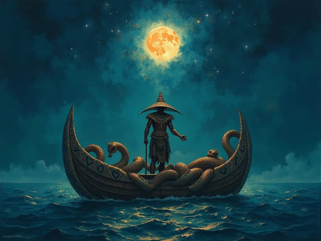 The priest-king Quetzalcoatl departing on his serpent raft toward the eastern sea