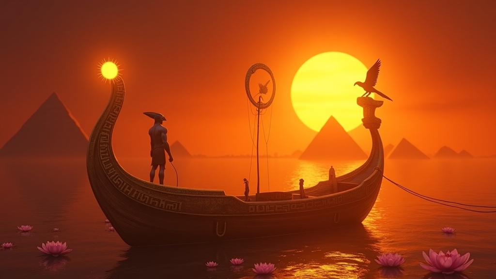 Ra the sun god standing on his solar barque at sunrise over the Nile with pyramids in the background