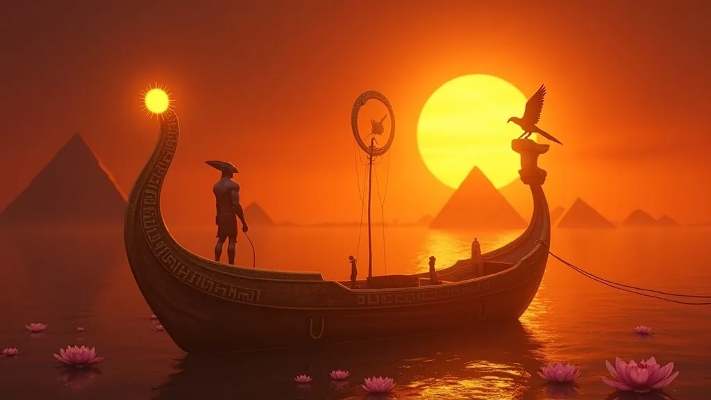 Ra the sun god standing on his solar barque at sunrise over the Nile with pyramids in the background