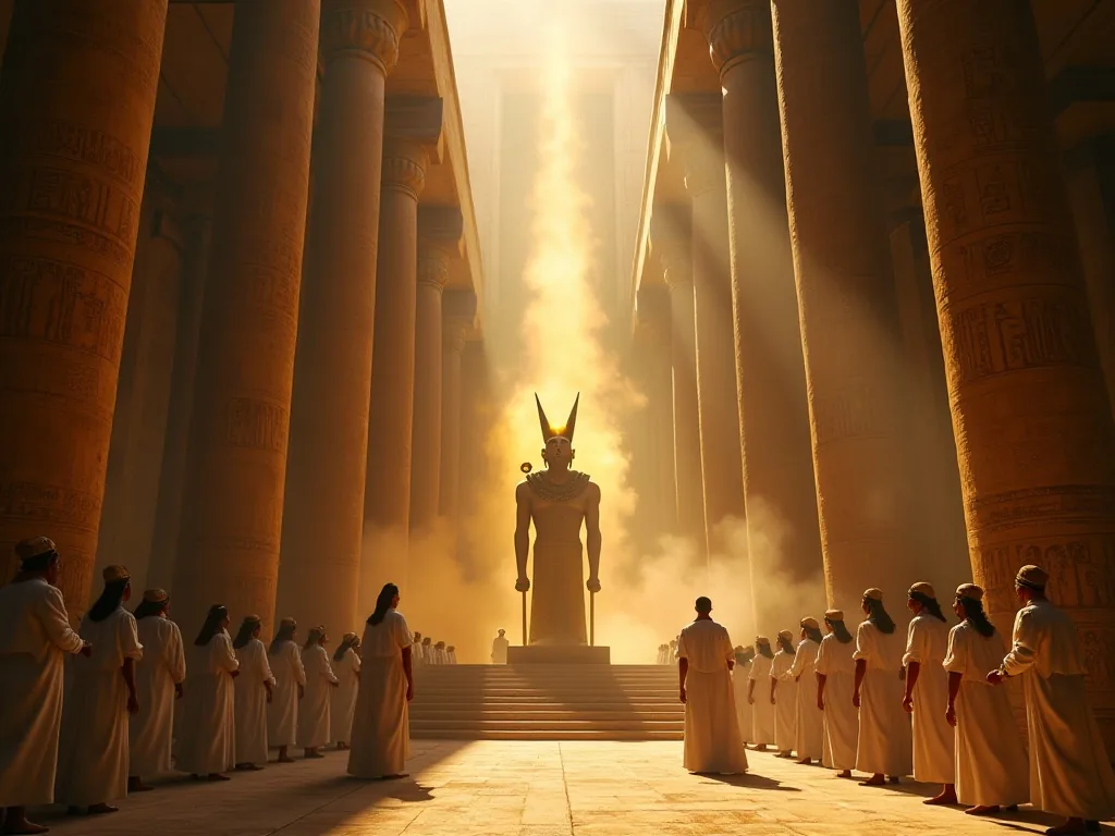 Amun-Ra enthroned in a grand Egyptian temple with priests performing sacred rites